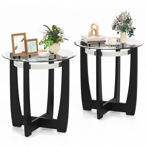 Giantex Round Glass End Table Set of 2, 24’’ Side Table with Tempered Glass Top, Nightstands with Cross & Solid Rubber Wood Base, Compact Bedside Night Stand for Bedroom Office Living Room (2, Black) - color: Black