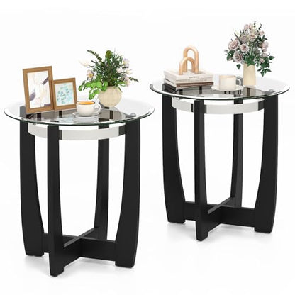 Giantex Round Glass End Table Set of 2, 24’’ Side Table with Tempered Glass Top, Nightstands with Cross & Solid Rubber Wood Base, Compact Bedside Night Stand for Bedroom Office Living Room (2, Black) - color: Black