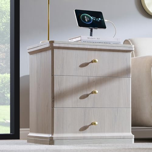 23.6" Tall Modern Nightstand with Charging Station, Wood Bedside Table with 3 Storage Drawers, Large Mid Century Night Stand for Bedroom, Curved Waterfall Edge, Metal Handle, Cream - color: Cream, size: 3 Drawers