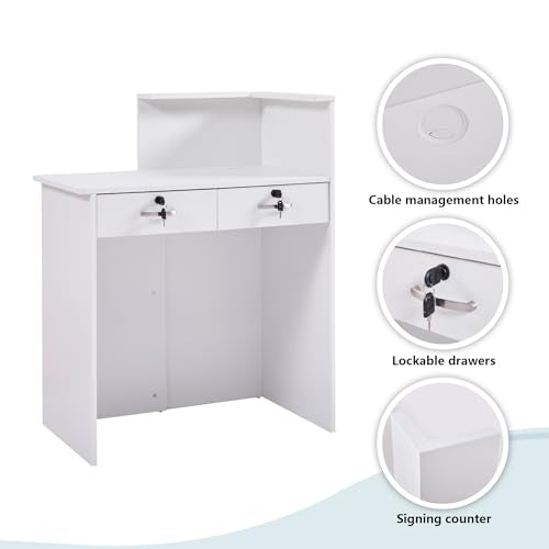 Reception Desk with Counter,Small Front Desk with Two Lockable Drawers,Cable Management Holes,Counter Table for Salon Lobby Office Home (White) - color: White