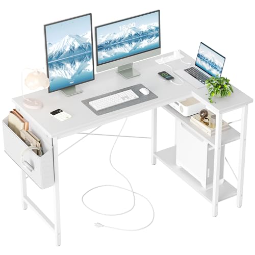 TIQLAB L Shaped Computer Desk with Power Outlets, 47 Inch Small Corner Desk with Reversible Shelves, Gaming Desk Computer Table Study Writing Desk for Home Office Small Space, White - color: White, size: 47 Inch