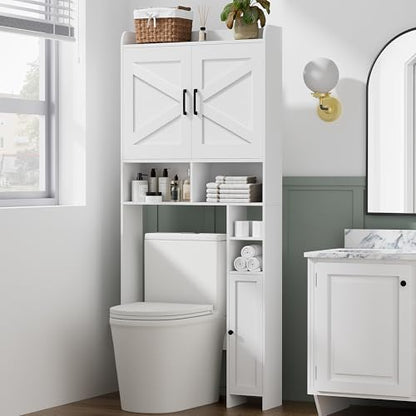 Homhedy Wooden Over The Toilet Storage Cabinet with Barn Door | Freestanding Bathroom Storage, Toilet Paper Holder, Adjustable Shelf,Space-Saving, Farmhouse Style, White - color: White