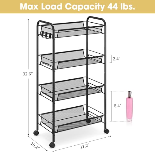 TOOLF 4-Tier Rolling Cart, Metal Utility Cart with 3 Hooks, Easy Assemble Mobile Storage Trolley On Wheels, Metal Shelving Units Kitchen Bathroom Laundry Room - color: Black, size: 4-Tier