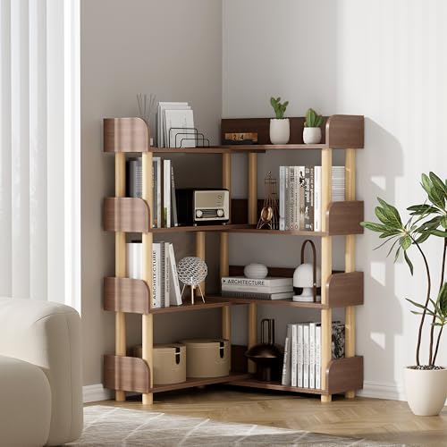 4 Tier Retractable Rotatable Bookcases, Wooden Corner Book Shelf, Storage Rack for CDs,Movies,Books, Rustic Brown Bookcase, Utility Organizer Shelves for Living Room Home Office