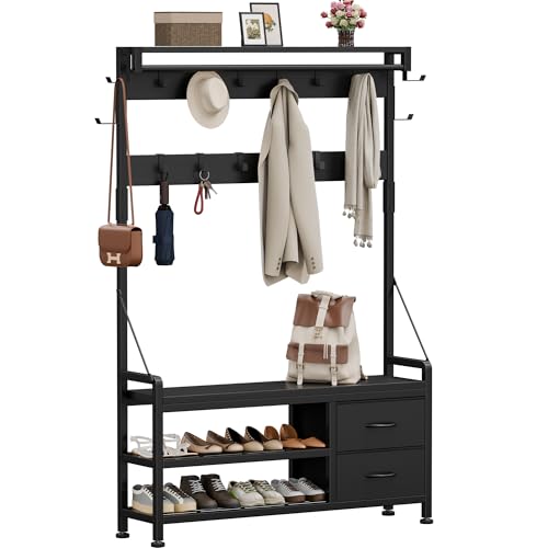 Lulive Coat Rack, 39.4” Hall Tree with Shoe Storage Bench, Black | 5 in 1 Entryway Furniture Organizer, 21 Hooks, 2 Fabric Drawers, Handy Clothes Rail - color: Black, size: 11.8"D x 39.4"W x 70.9"H