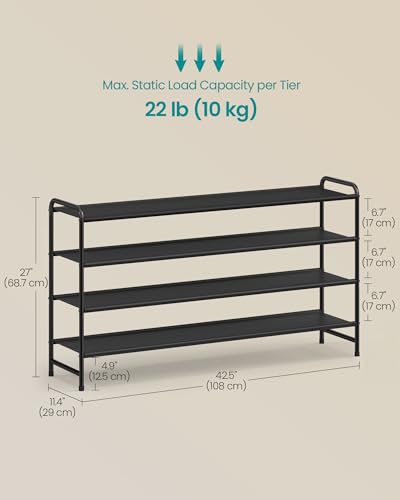SONGMICS Long Shoe Rack Organizer for Closet, Free Standing Shoe Storage Shelf, Holds 20-25 Pairs, for Entryway, Bedroom, Easy to Assemble, 11.4 x 42.5 x 27 Inches, 4 Tiers, Ink Black ULMR094BP01 - size: 4 Tiers