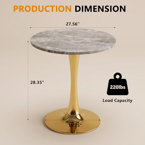 27.6" Marble Round Tulip Table, Mid-Century Modern Style Dining Table with Gold Pedestal Base for 2-4 People, Featuring A Marble Tabletop for Kitchen, Dining Room, Cafe (Dark Grey) - color: Dark Grey#gold