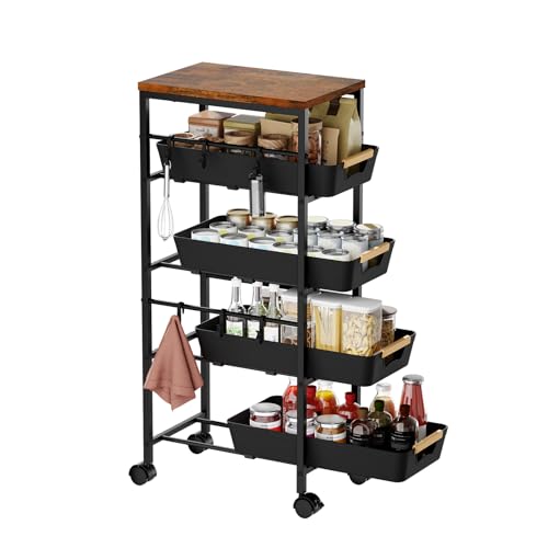 5-Tier Slim Storage Cart, Wooden Top Rolling Kitchen Cart with Pull-Out Baskets & Wheels, Narrow Space Utility Cart Slide Out Organizer for Kitchen, Bathroom, Laundry Room, Black - color: Black, size: 8.07" W × 14.37" D × 32.28" H