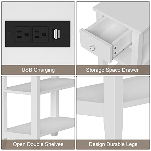 ChooChoo Narrow End Table with Charging Station, Side Table Living Room with USB Ports & Power Outlets and Hidden Drawer, 3-Tier Skinny Nightstand with 2 Open Storage Shelves for Small Place (White) - color: White
