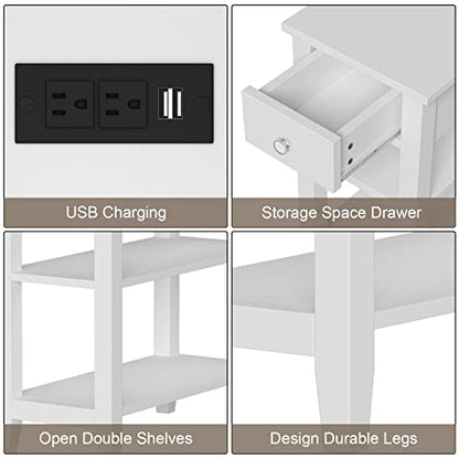 ChooChoo Narrow End Table with Charging Station, Side Table Living Room with USB Ports & Power Outlets and Hidden Drawer, 3-Tier Skinny Nightstand with 2 Open Storage Shelves for Small Place (White) - color: White