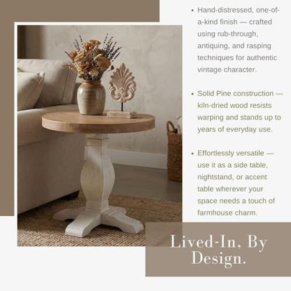 Martin Svensson Home Napa Solid Wood Pedestal End Table, White & Driftwood | Farmhouse Rustic, Pine Wood, Round Side Table, Nightstand, 2" Plank Top, for Living Room or Bedside, 26" W x 26" D x 25" H - color: White and Driftwood