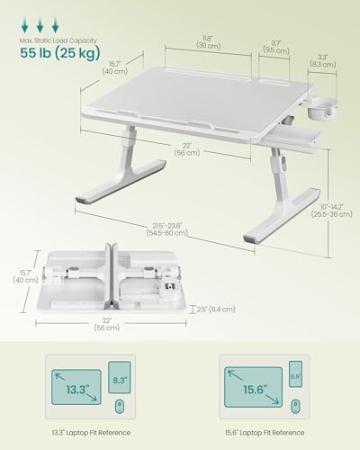 SONGMICS Bed Laptop Desk, Foldable Bed Desk for Laptop, 15.7 x 22 Inches Large Desktop, 120° Stepless Tilt, Adjustable Height, Cup Holder, Tray, Portable Bed Sofa Table, Gray ULLD113GZ01