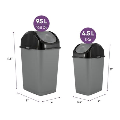 Superio Mini 1.25 Gallon and Small 2.5 Gallon Plastic Trash Cans with Swing Top Lid, Grey Waste Bin for Countertop, Desk, Vanity, Bathroom, 2 Pack (Grey/Black) - size: 1.25 and 2.5 Gallon