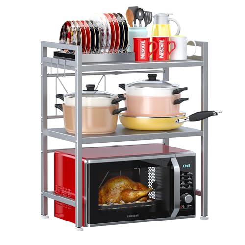 PUSDON 3-Tier Expandable Microwave Oven Rack, Countertop Baker's Rack Style Shelf, Heavy Duty Adjustable Stand with Hooks, 160lbs Capacity Appliance Match, Silver Gray - color: Silver Grey, size: H-frame 3 tier