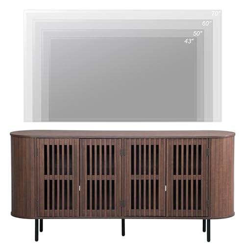 WAMPAT 64.4" Fluted TV Stand, Wood Entertainment Center for TVs Up to 70 inches, Curved Edge Media Console Table with Doors and Shelves for Living Room, Bedroom, Walnut - color: Walnut