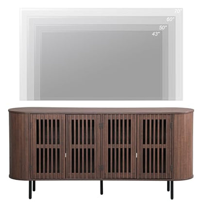 WAMPAT 64.4" Fluted TV Stand, Wood Entertainment Center for TVs Up to 70 inches, Curved Edge Media Console Table with Doors and Shelves for Living Room, Bedroom, Walnut - color: Walnut