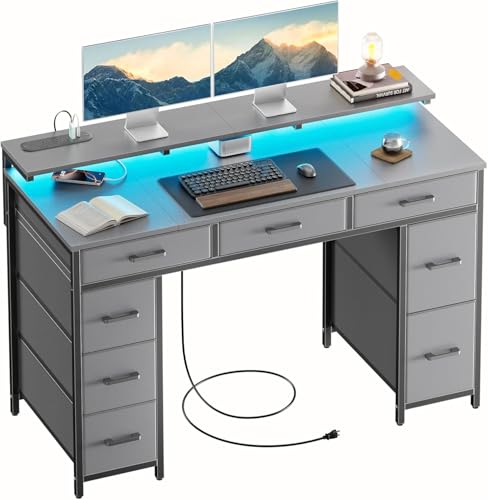 HLDIRECT 47 Inch Gaming Desk with LED Light and 8 Storage Drawers, Grey | 2 AC power outlets and 2 USB ports, Dual monitor stand, metal frame & premium desktop, adjustable feet for Office & Bedroom - color: Grey