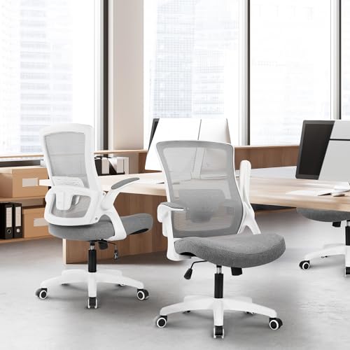 NEO CHAIR Office Desk Gaming Chair Computer High Back Mesh Seat with Rolling Wheels Ergonomic Adjustable Comfy Flip-up Armrests Lumbar Support Height for Home (Grey White Frame) - color: Grey