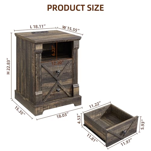 Minifeel Farmhouse Nightstand with Charging Station, 18" Wide 2 Drawer Night Stand, Barn Door Wood Bedside Table with Open Storage Shelf, Sofa Side End Tables with Roman Column for Bedroom, Dark Oak - color: Dark Rustic Oak
