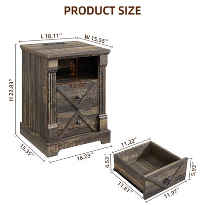 Minifeel Farmhouse Nightstand with Charging Station, 18" Wide 2 Drawer Night Stand, Barn Door Wood Bedside Table with Open Storage Shelf, Sofa Side End Tables with Roman Column for Bedroom, Dark Oak - color: Dark Rustic Oak