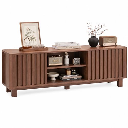 70 Inch Walnut Fluted TV Stand for 80 Inch TVs, Mid Century Modern Entertainment Center with Sliding Doors, Power Outlets, Storage Shelves, Wood Media Console Cabinet for Living Room