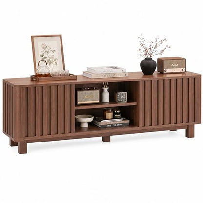 70 Inch Walnut Fluted TV Stand for 80 Inch TVs, Mid Century Modern Entertainment Center with Sliding Doors, Power Outlets, Storage Shelves, Wood Media Console Cabinet for Living Room