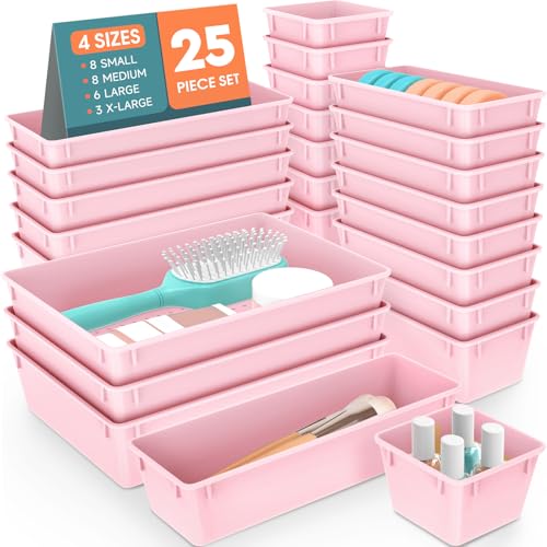 WOWBOX 25 PCS Plastic Drawer Organizer Set, 4 Sizes Desk Drawer Divider Organizers and Storage Bins for Makeup, Jewelry, Gadgets for Kitchen, Bedroom, Bathroom, Office, Pink - color: Pink