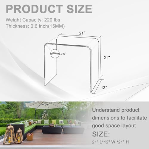 U-Shape Acrylic Side Table,21" L x 12" W x 21" H x 3/5" Thick Clear End Table,Transparent Nightstand and Stool with Waterfall Edges,Modern Lucite Side Table for Living Room - size: 21" D x 12" W x 21" H U-Shape