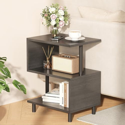 Apicizon S-Shaped Side Table, 3-Tier Nightstand with Solid Wood Legs, Slim Bedside Table with Storage Shelf, Modern End Table for Small Spaces, Bedroom, Living Room, Entryway, Black - color: Black