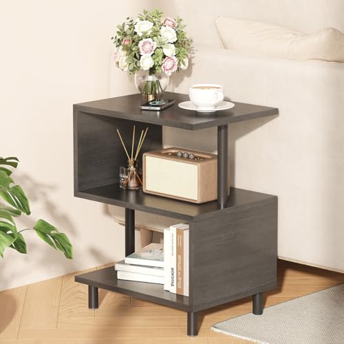 Apicizon S-Shaped Side Table, 3-Tier Nightstand with Solid Wood Legs, Slim Bedside Table with Storage Shelf, Modern End Table for Small Spaces, Bedroom, Living Room, Entryway, Black - color: Black