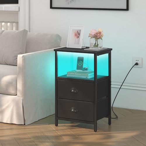 sthmec Nightstand with Charging Station, LED Night Stand Set 2, Bedside Table End Table Set of 2, Bedroom Table with 2 Fabric Drawers PU Finish, 3-Tier Storage Side Table for Bedroom,Black - color: Black