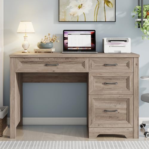 Halitaa Farmhouse Executive Desk with Drawers, Wood Computer Desk with Ample File Drawer, Rustic Home Office Desk with Storage for Bedroom, Living Room, Grey - color: Grey, size: 19.69"D x 47.24"W x 30.71"H