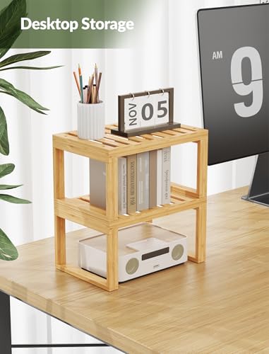 Tomorotec Bamboo Cabinet Shelf, 2 Pcs Kitchen Counter Shelf, Space-Saving Cabinet Organizer for Kitchen, Bathroom and Desk, Multifunctional Storage Rack for Spices, Cans, Toiletries and Stationery