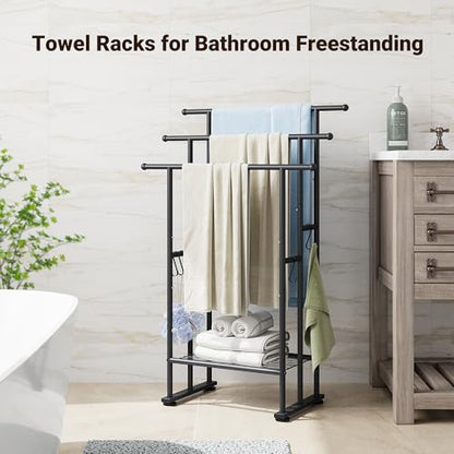 ELYKEN 3 Tier Standing Towel Rack, 40'' Tall Towel Drying Rack Outdoor, Freestanding Floor Towel Rack with Shelf, Pool Towel Blanket Stand, Metal Towel Racks for Bathroom freestanding, Matte Black - color: Black