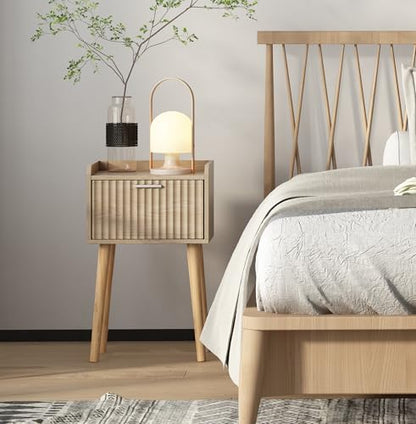 LAATOOREE Nightstand Set of 2, Small Bed Side Table with Fluted Door | End Table with Solid Wood Legs, Mid-Century Bedside Table for Bedroom Small Space - color: Natural, style: Fluted Style