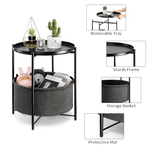 danpinera Black Small Round Side Table with Storage Basket, Removable Tray | Metal Bedside Table for Small Space, Living Room, Nursery, Metal Accent Stand with Removable Tray, Coffee Nightstand, Black - color: Ink Black