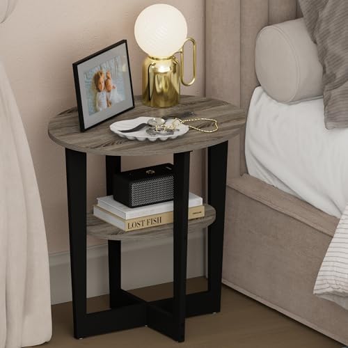 Furinno TIDUR Night Stand, 2-Tier Oval Nightstand with Round Edge Tabletop, Open Shelf Bedside Table, End Table, Side Table, for Bedroom, Closet, Dorm, French Oak - color: French Oak/Black, size: Oval Open Shelf