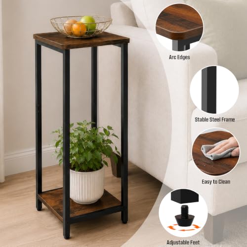 10" Wide Square Drink Table with Adjustable Feet - 2-Tier Small Side Table for Apartments, Balcony & Office | Space-Saving, Lightweight & Multi-Functional (Plants, Books, Drinks, Brown) - color: Brown, size: 2-Tier-10"wide