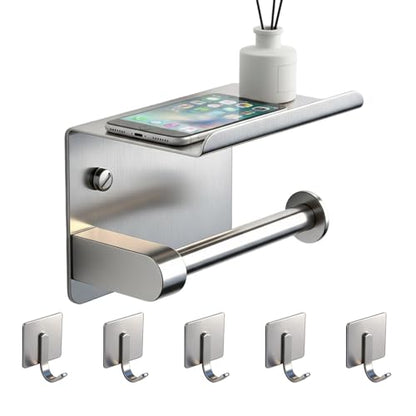 Toilet Paper Holder with Phone Shelf, Tissue Roll Holder with Storage Shelf | Adhesive or Screw Wall Mount Toilet Tissue Roll Holder for Bathroom Washroom, With 5 Stainless Hook, Rustproof, Silver