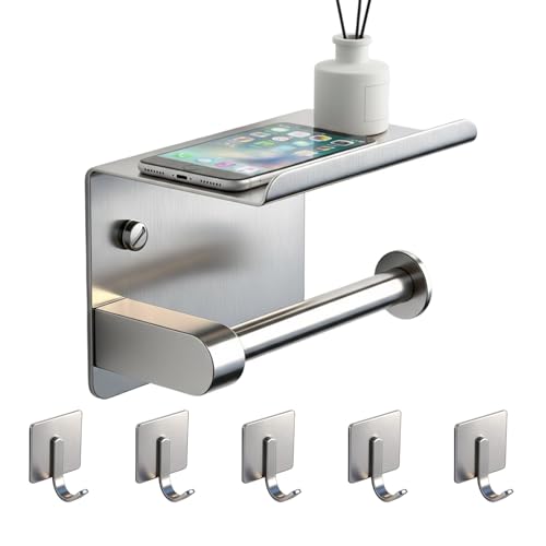Toilet Paper Holder with Phone Shelf, Tissue Roll Holder with Storage Shelf | Adhesive or Screw Wall Mount Toilet Tissue Roll Holder for Bathroom Washroom, With 5 Stainless Hook, Rustproof, Silver