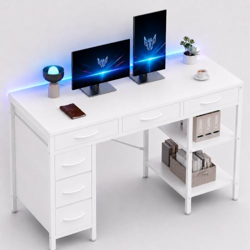 Simple Deluxe Computer Desk with 6 Drawers, 55 Inch Office Workstation with Storage Shelves, Reversible Corner Gaming Table, Home Office Study Desk with Fabric Organizer, White - color: White, size: 55''Lx18''W