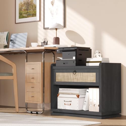 31" Wide Rattan Nightstand with Charging Station, End Side Table | Drawer & Open Shelf, Extra Large Night Stand, Farmhouse, Boho, Wood Bedside Table for Bedroom,Living Room,Office - color: Obsidian