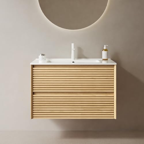 30" Floating Bathroom Vanity with Sink, Wall Mounted Modern Bathroom Cabinet with 2 Soft Close Drawers, Oak & Plywood, Pre-Assembled with Integrated Ceramic Basin – Sedona, Light Oak - color: Light Oak, size: 30 Inch