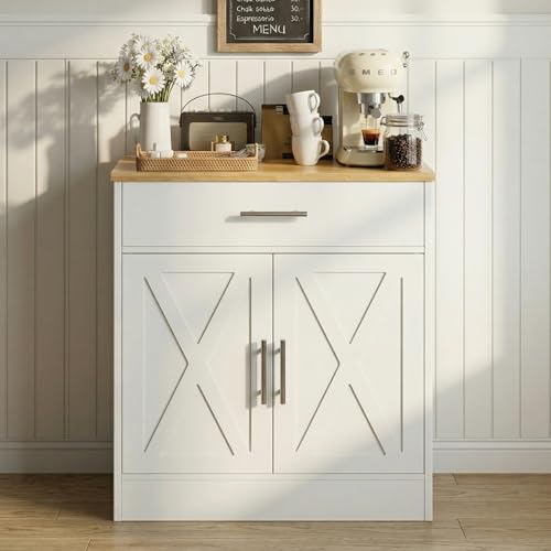 SUNLEI Coffee Bar Cabinet, Wooden Storage Cabinet with 2 Doors and 1 Drawers, Adjustable Shelf, Modern Farmhouse Kitchen Buffet Sideboard Cabinet with Storage for Kitchen, Rustic White&Yellow - color: White, size: 28.3 inch