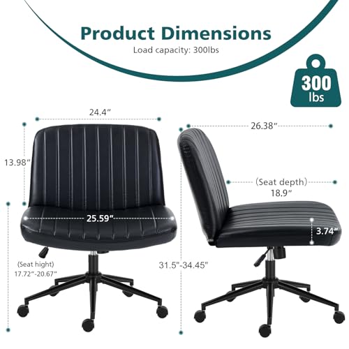 OLIXIS Criss Cross Chair with Wheels, Vanity Chair, Home Office Desk | Wide Seat Armless, Faux Leather, Height Adjustable Swivel Rolling, Home Computer Task Seating for Bedroom Study, Black PU - color: Black Pu