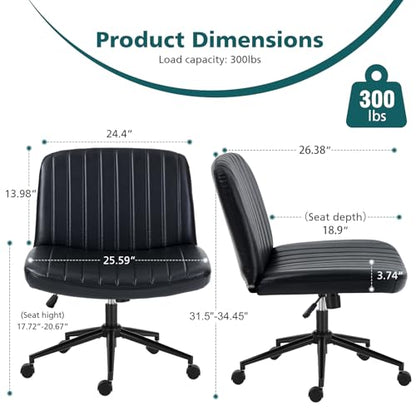 OLIXIS Criss Cross Chair with Wheels, Vanity Chair, Home Office Desk | Wide Seat Armless, Faux Leather, Height Adjustable Swivel Rolling, Home Computer Task Seating for Bedroom Study, Black PU - color: Black Pu