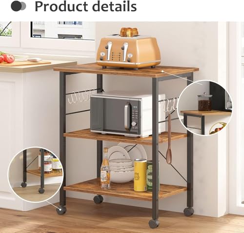 sogesfurniture 3-Tier Kitchen Baker's Rack Utility Shelf Microwave Oven Stand Storage Cart Workstation Shelf 3-Tier Kitchen Utility Cart on Wheels with Storage, Rustic Brown - color: Rustic Brown