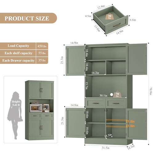 HOSTACK 71" Tall Kitchen Pantry Storage Cabinet, Wood Kitchen Hutch, Green | Modern Pantry Cabinet with Microwave Stand, Hutch Cabinet with Countertop & Drawers, Storage Cabinet for Living Room - color: Green + Bronze Handles