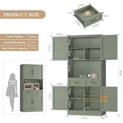 HOSTACK 71" Tall Kitchen Pantry Storage Cabinet, Wood Kitchen Hutch, Green | Modern Pantry Cabinet with Microwave Stand, Hutch Cabinet with Countertop & Drawers, Storage Cabinet for Living Room - color: Green + Bronze Handles