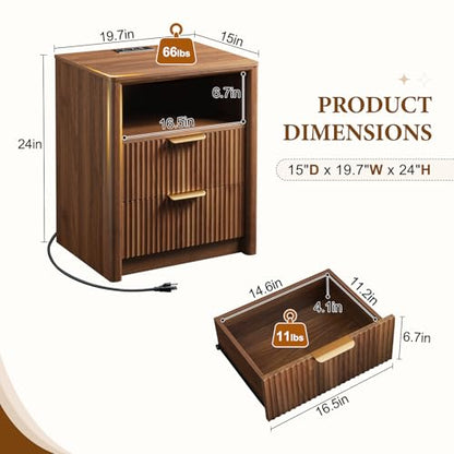 LYNCOHOME 19.7" Fluted Nightstand with Charging Station, 2 Drawer Bedside Table, Modern Night Stand with Curved Edge Design, Wooden End Table for Bedroom, Rounded Night Stand with Storage, Walnut - size: 15"D x 19.7"W x 24.2"H（2 Drawers）